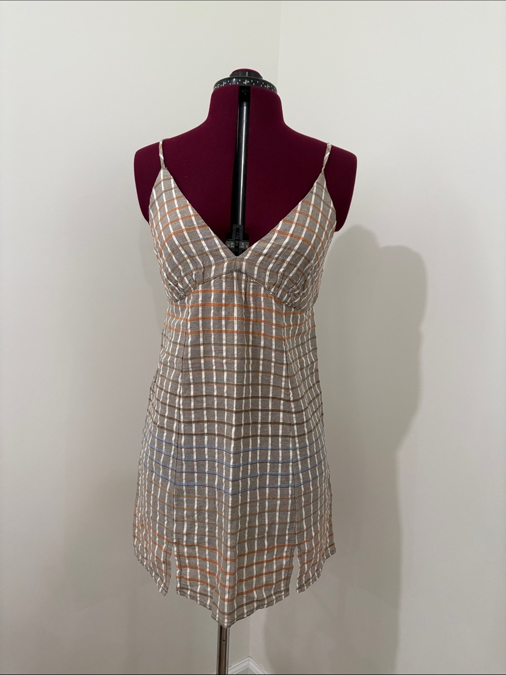 Free People Beige Plaid Chemise with Orange & Light Blue Stripes